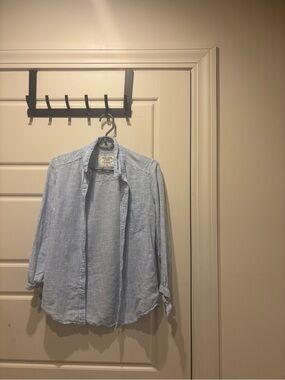Light Blue Linen-Blend Button-Up Shirt with cute tie detailing on sleeves